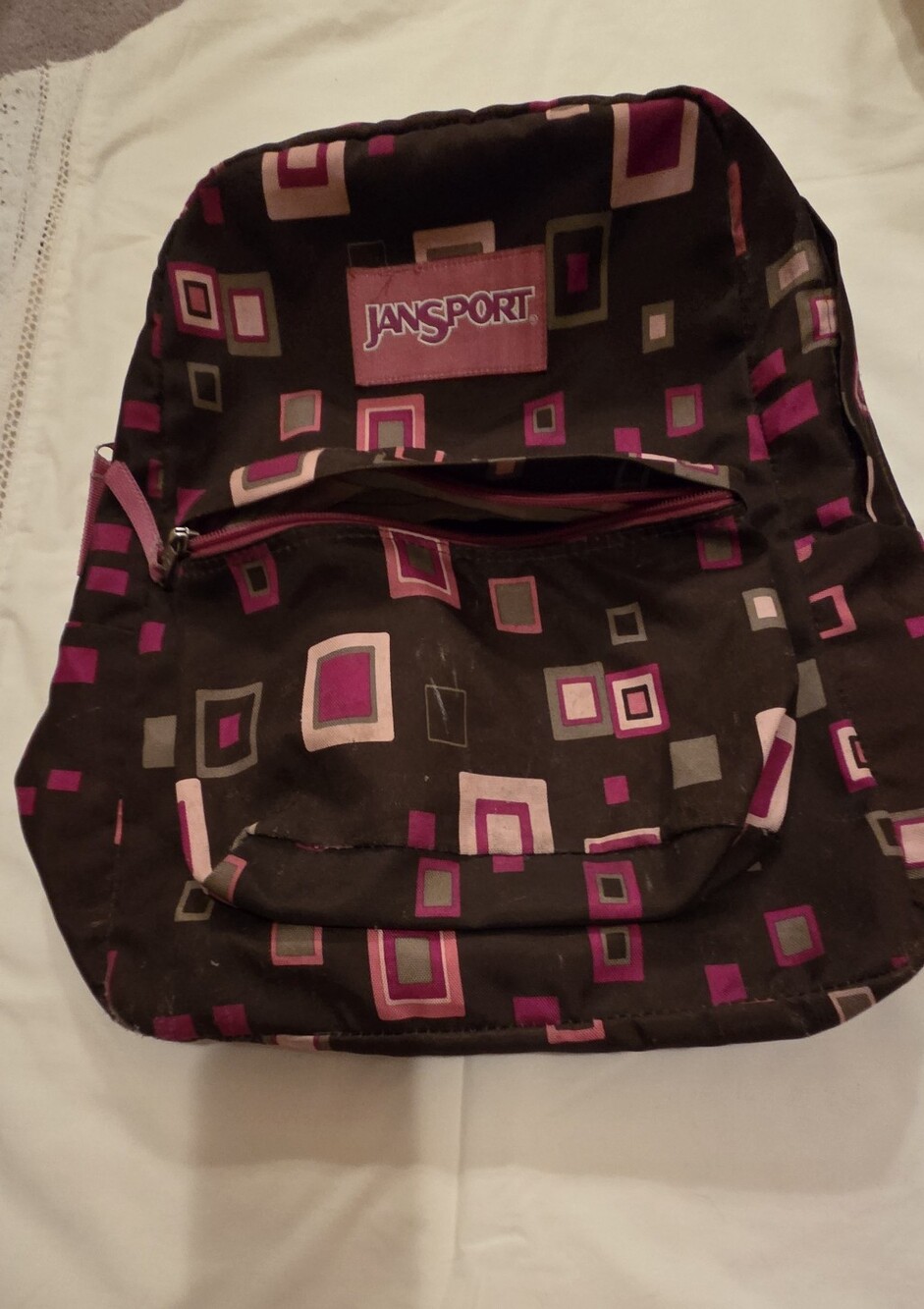 Jansport Black Backpack with Pink and Cream Geometric Squares - Picture 2 of 16